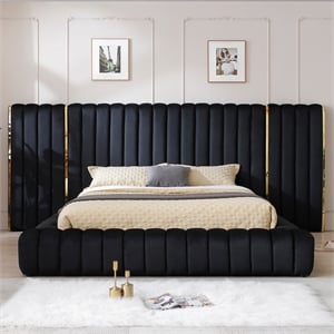 Pemberly Row Velvet Upholstered King Platform Bed with Wings in Black