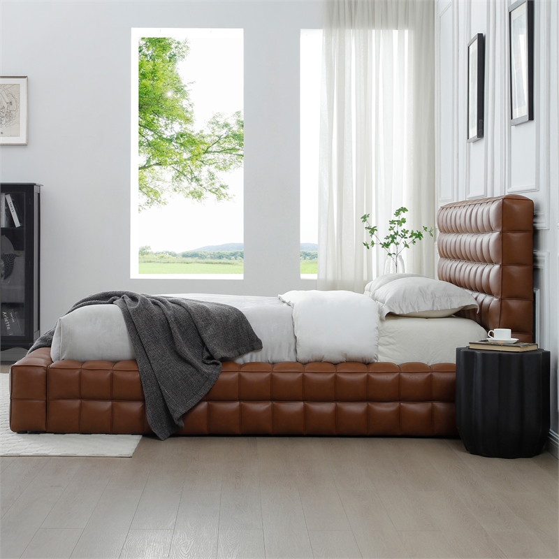 Pemberly Row King Size Faux Leather Upholstered Bed Fram in Brown