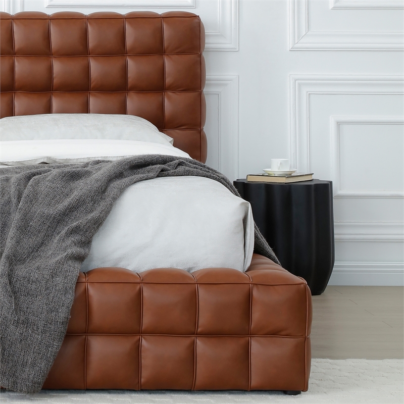 Pemberly Row King Size Faux Leather Upholstered Bed Fram in Brown