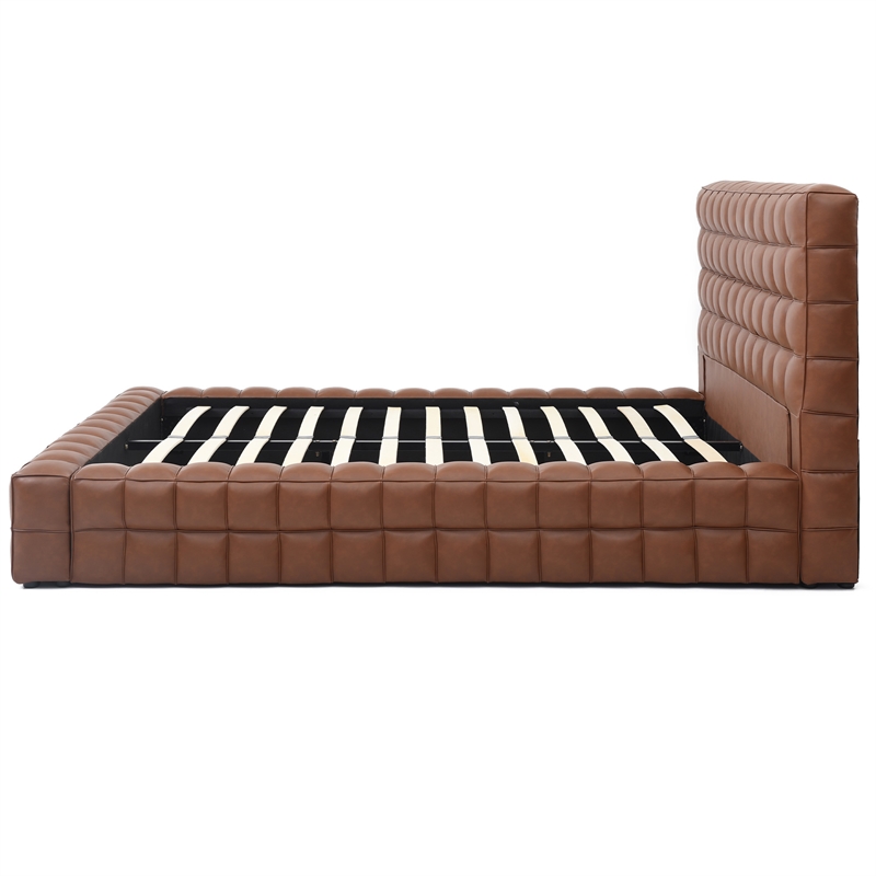Pemberly Row King Size Faux Leather Upholstered Bed Fram in Brown