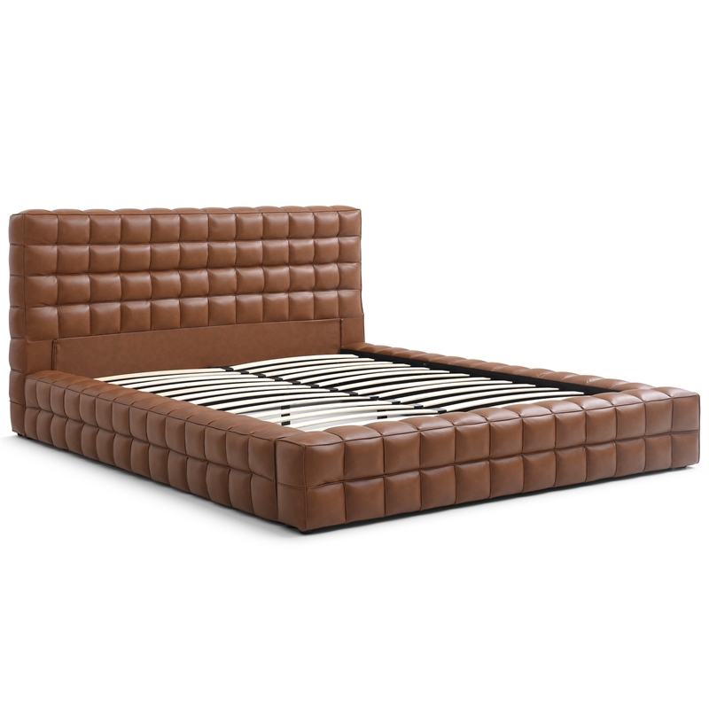 Pemberly Row King Size Faux Leather Upholstered Bed Fram in Brown