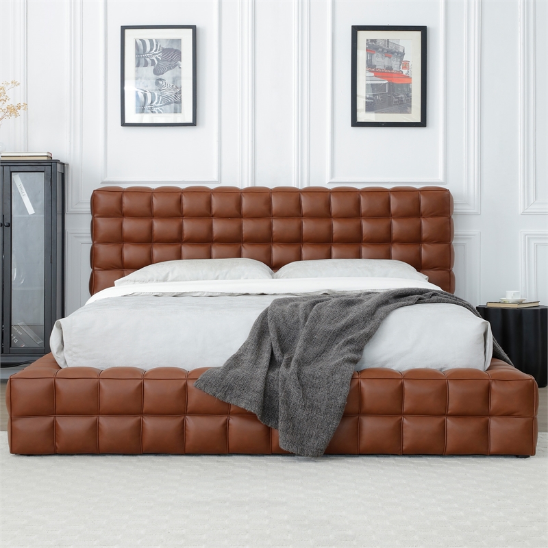 Pemberly Row King Size Faux Leather Upholstered Bed Fram in Brown