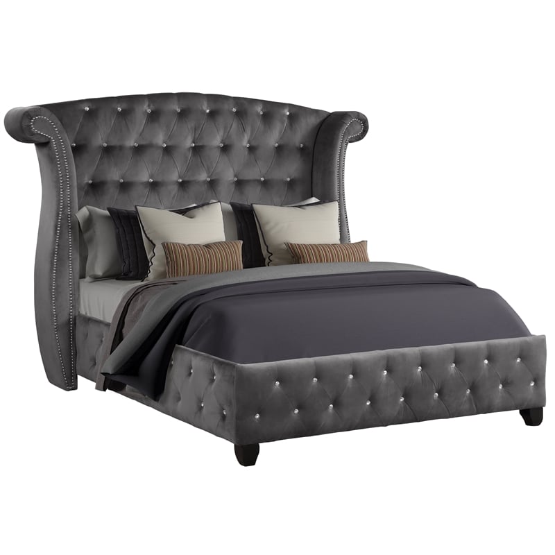 Pemberly Row Crystal Tufted Upholstery Queen Size Wood Bed in Gray