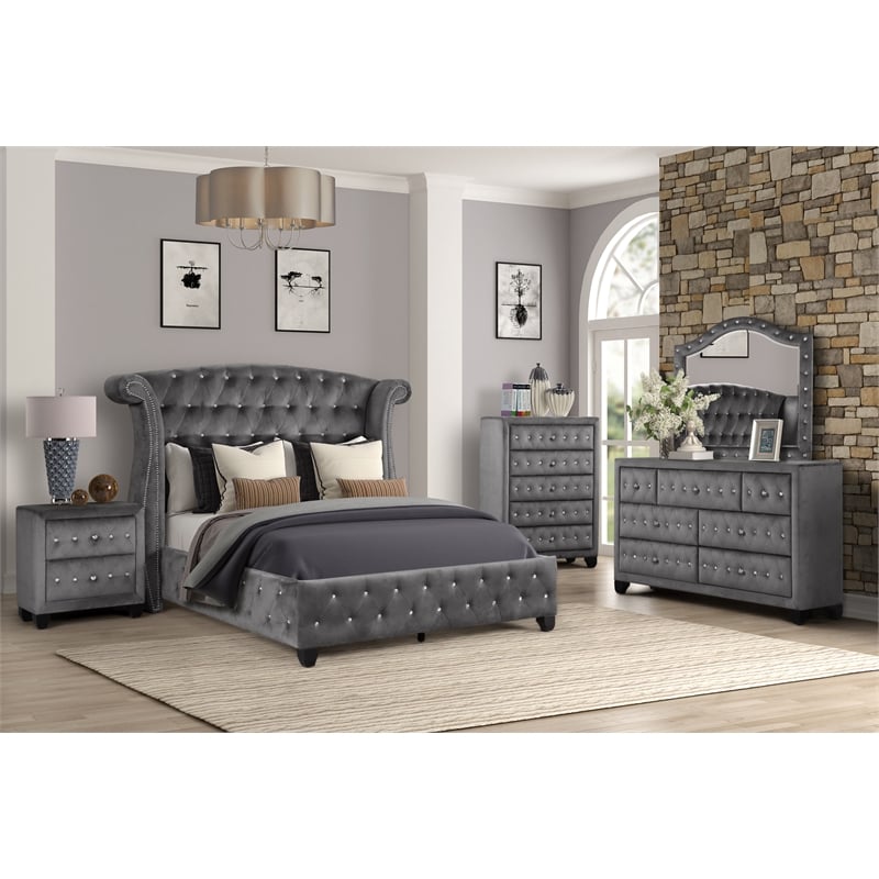 Pemberly Row Crystal Tufted Upholstery Queen Size Wood Bed in Gray