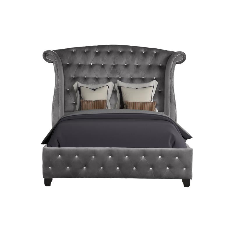 Pemberly Row Crystal Tufted Upholstery Queen Size Wood Bed in Gray