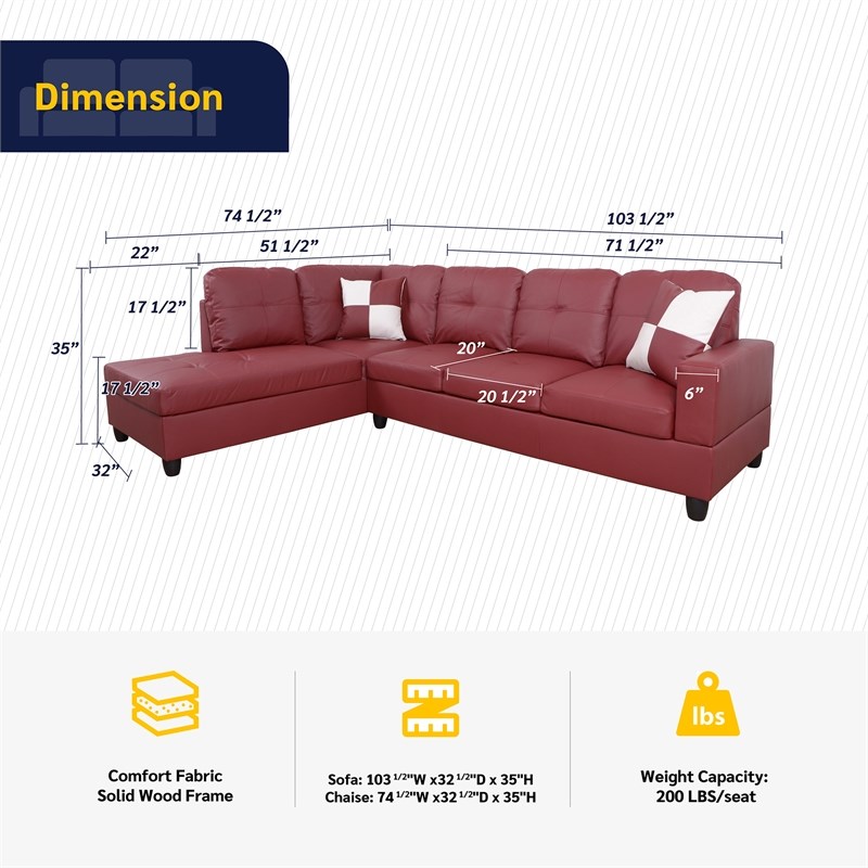 Pemberly Row Contemporary Left-Facing Sectional Sofa Set in Wine Red