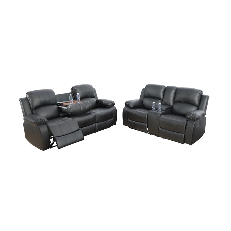 Pemberly Row Contemporary 2-Pieces Faux Leather Recliner Sofa Set in Black