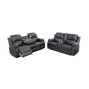 Pemberly Row Contemporary 2-Pieces Faux Leather Recliner Sofa Set in Black