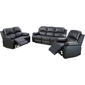 Pemberly Row Contemporary 3-Pieces Faux Leather Recliner Sofa Set in Black