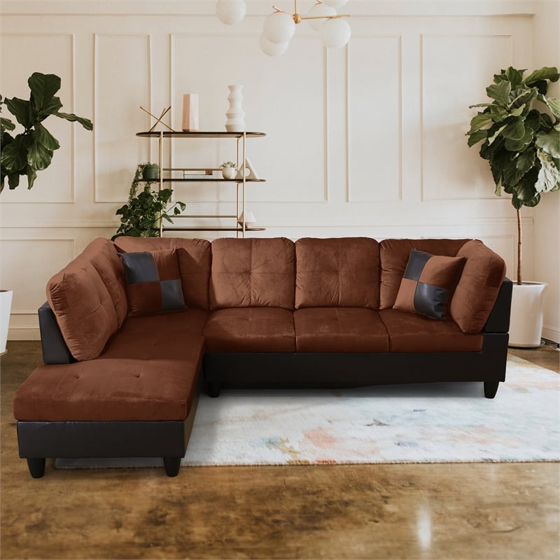 Pemberly Row Contemporary Microfiber Fabric Left Facing Sectional in Chocolate