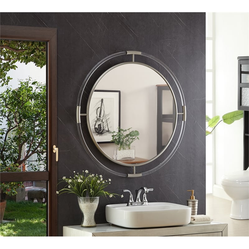 Pemberly Row Contemporary Acrylic/Brushed Silver Round Mirror Mirror