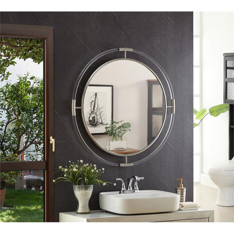 Pemberly Row Contemporary Acrylic/Brushed Silver Round Mirror Mirror