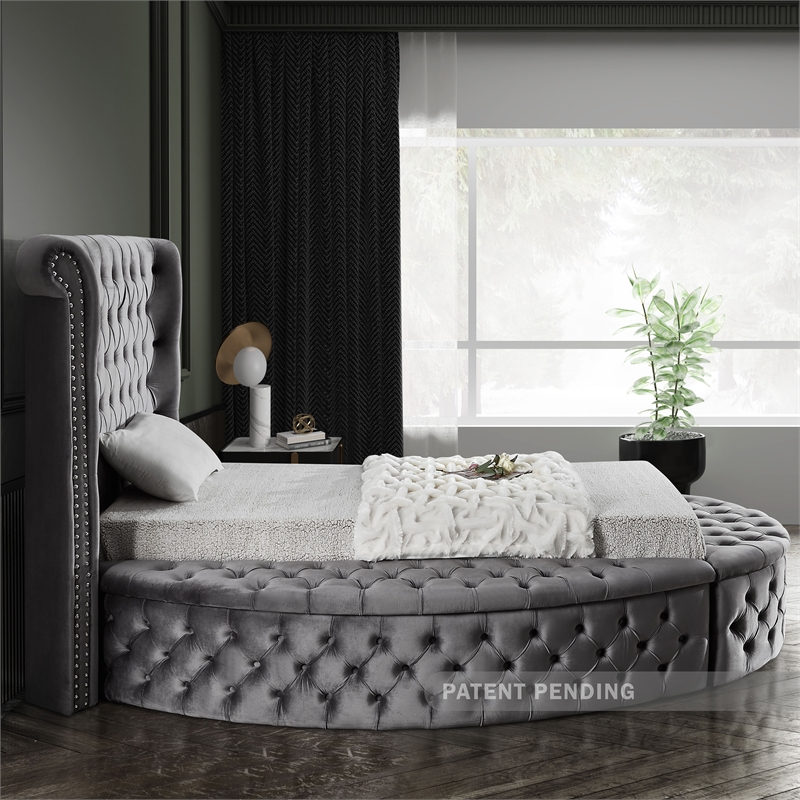 Pemberly Row Contemporary Gray Velvet Twin Round Bed - 71.5