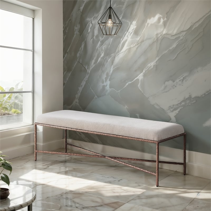Pemberly Row Modern / Contemporary Soft Beige Chenille Fabric Bench