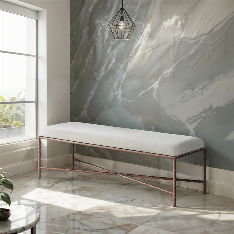 Pemberly Row Modern / Contemporary Soft Cream Chenille Fabric Bench