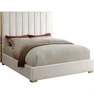 Pemberly Row Contemporary Metal and Velvet King Bed in Cream