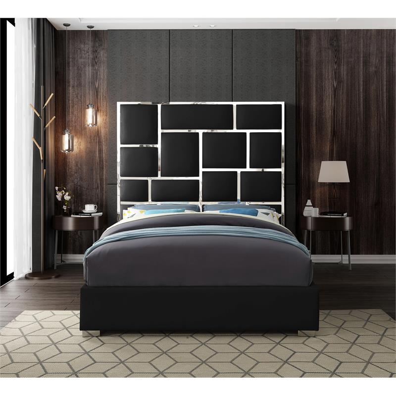 Pemberly Row Solid Wood and Vegan Leather Queen Bed in Black