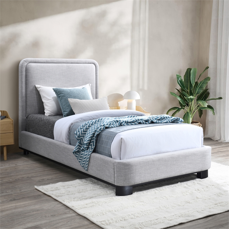 Pemberly Row Contemporary Gray Linen Textured Fabric Twin Bed