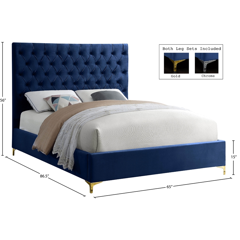 Pemberly Row Modern Solid Wood Tufted Velvet Queen Bed in Navy