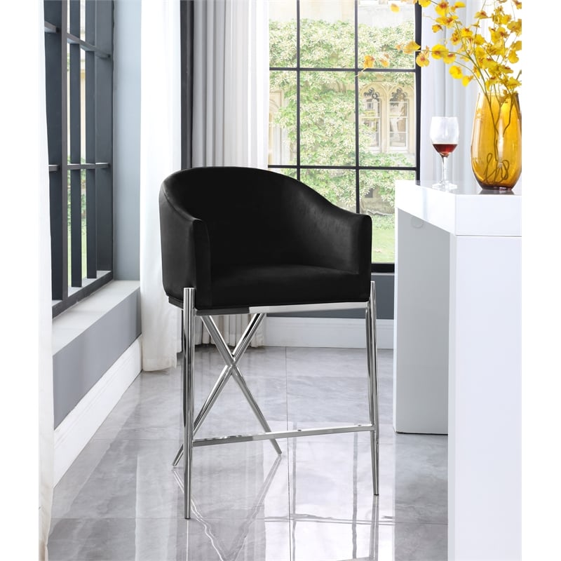 Pemberly Row Black Velvet Counter Stool with Chrome Metal Legs