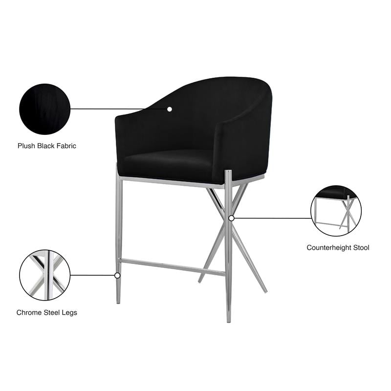 Pemberly Row Black Velvet Counter Stool with Chrome Metal Legs