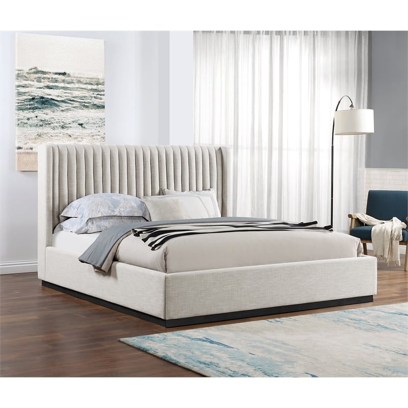 Pemberly Row Contemporary Beige Linen Textured Fabric King Bed