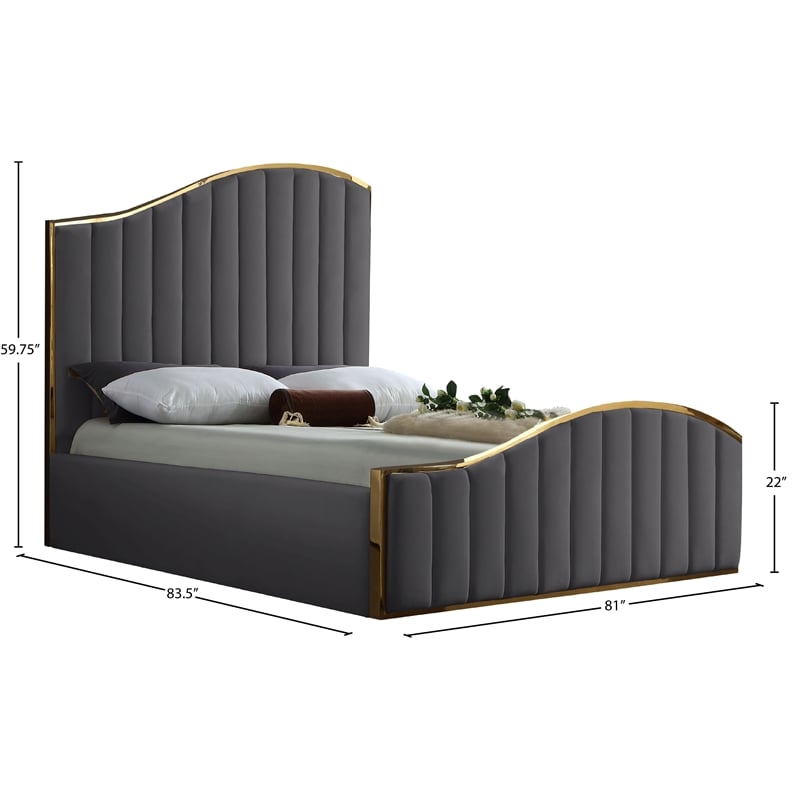 Pemberly Row Contemporary Solid Wood and Velvet King Bed in Gray