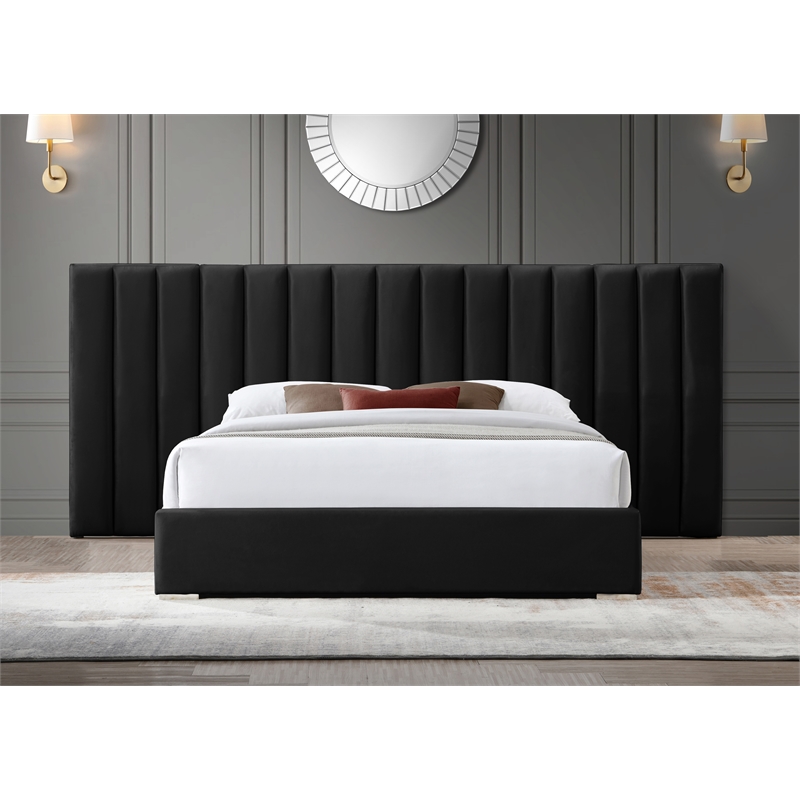 Pemberly Row Modern Black Velvet King Bed with Chrome Metal Legs