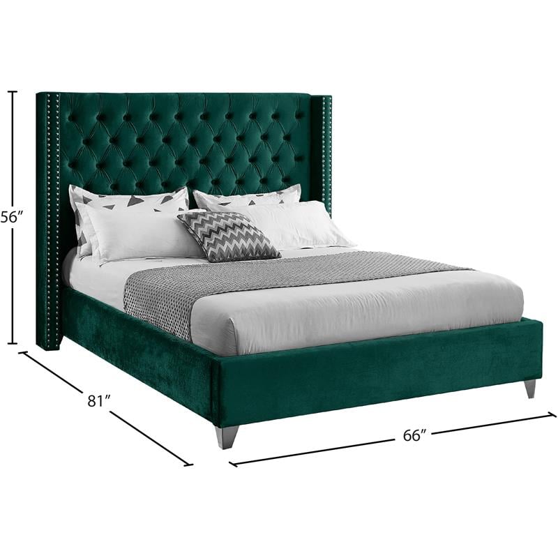 Pemberly Row Solid Wood Tufted Velvet Wing Back Full Bed in Green