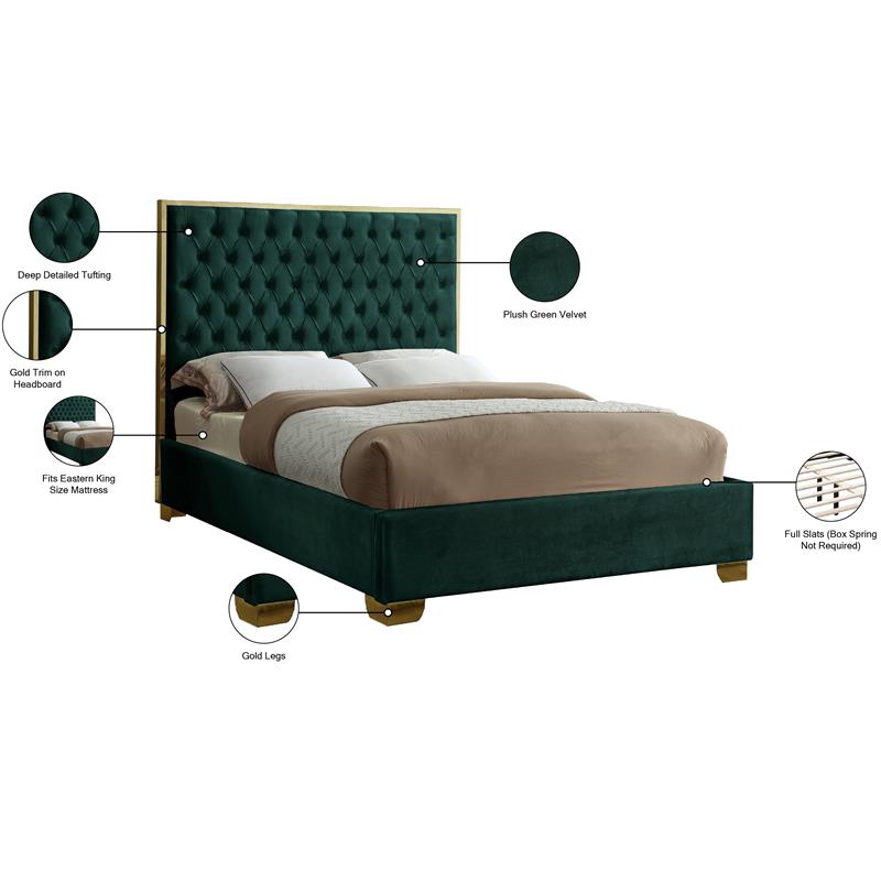 Pemberly Row Contemporary Solid Wood and Velvet King Bed in Green