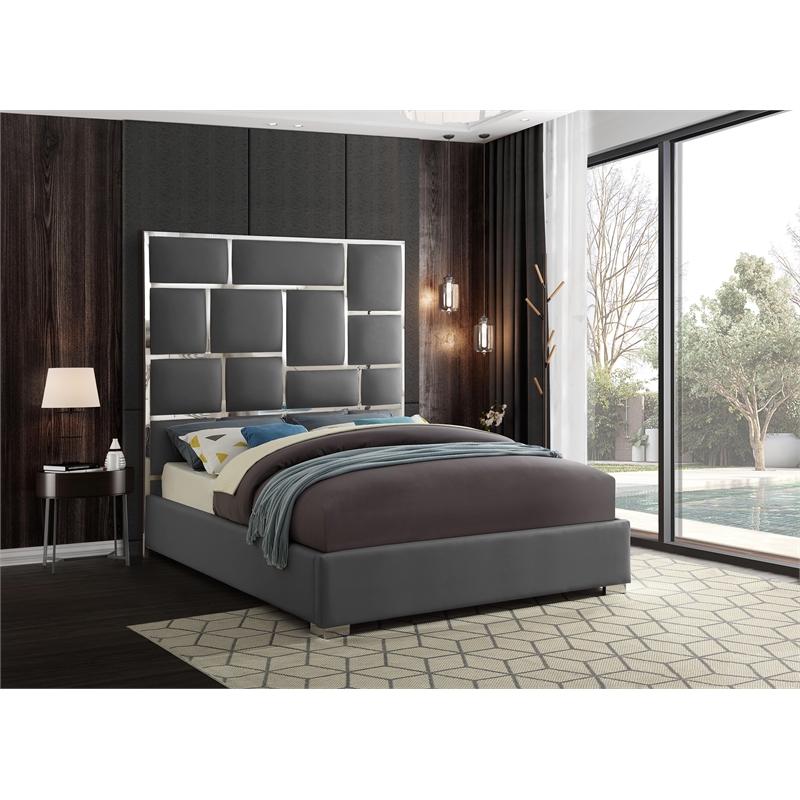 Pemberly Row Modern Solid Wood and Vegan Leather King Bed in Gray