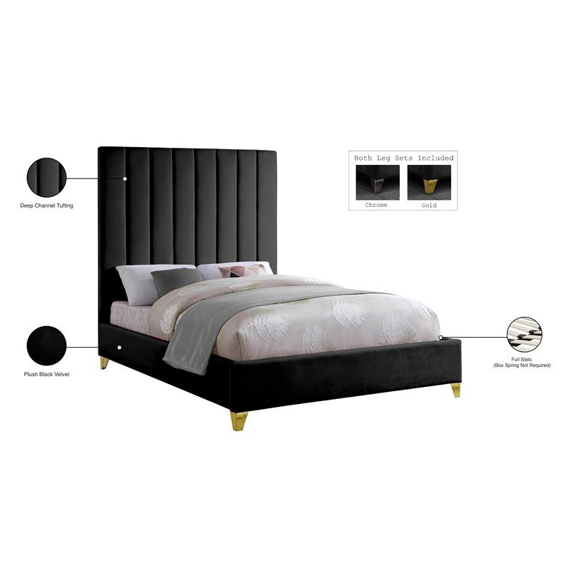 Pemberly Row Contemporary Channel Tufted Rich Velvet Queen Bed in Black