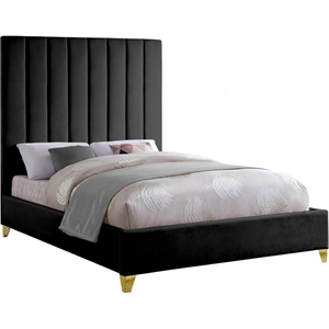 Pemberly Row Contemporary Channel Tufted Rich Velvet Queen Bed in Black