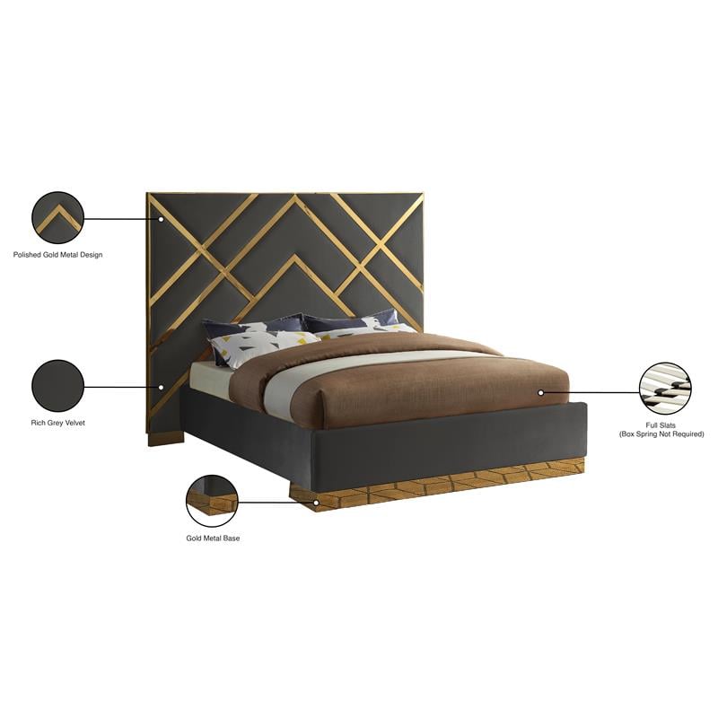 Pemberly Row Rich Velvet King Bed in Gray with Gold Metal Design and Base