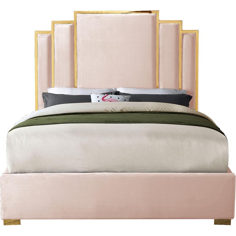 Pemberly Row Contemporary Pink Velvet Queen Bed with Gold Metal Frame and Legs