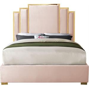 Pemberly Row Contemporary Pink Velvet Queen Bed with Gold Metal Frame and Legs