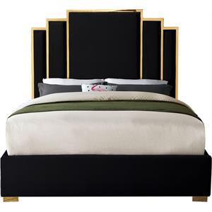 Pemberly Row Contemporary Black Velvet Queen Bed with Gold Metal Frame and Legs