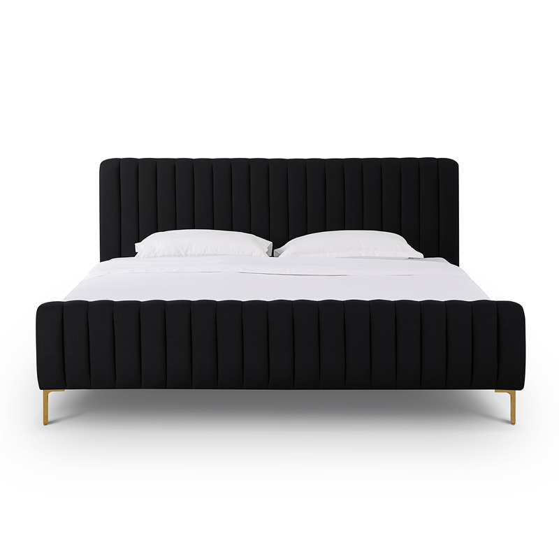 Pemberly Row Contemporary Black Finish Upcycled Linen King Bed