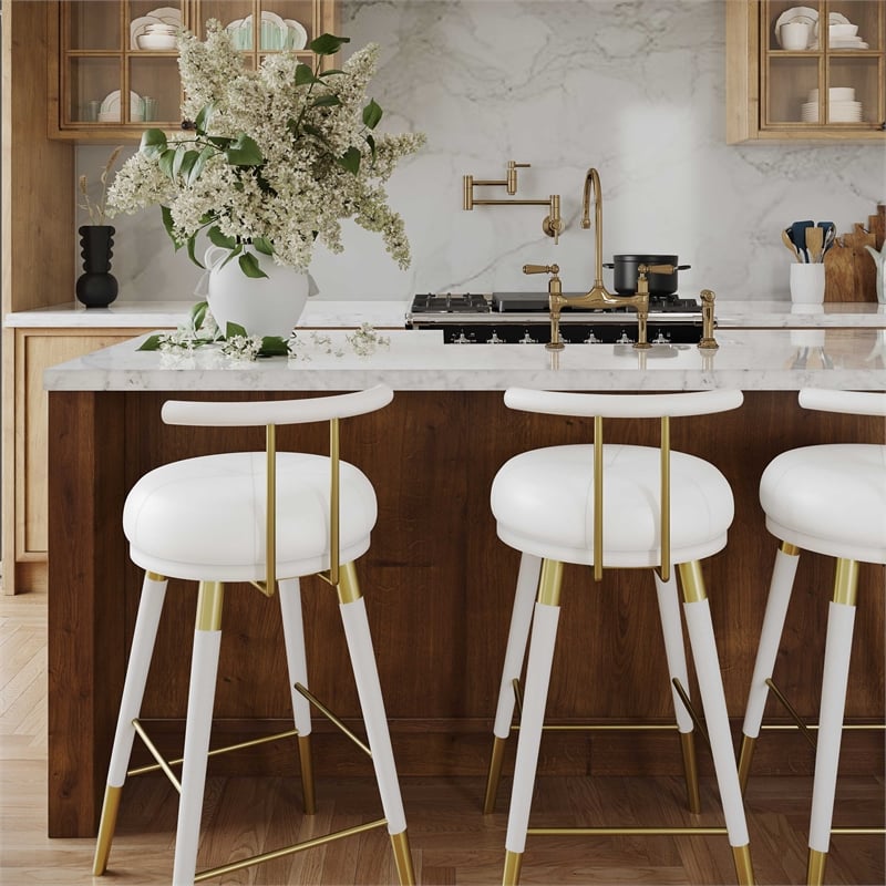 Pemberly Row Transitional White Finish Vegan Leather Counter Stool