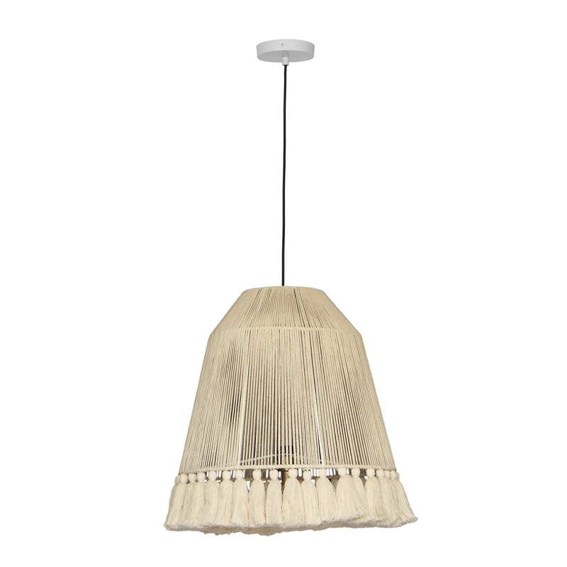 Pemberly Row Transitional White Cotton Tasseled Pendant Lamp