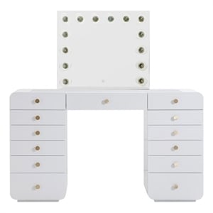 Pemberly Row Transitional Hollywood White Desk with Vanity Mirror