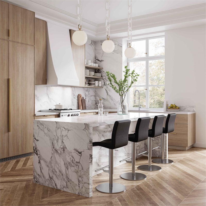 Pemberly Row Transitional Black Vegan Leather on Silver Adjustable Stool