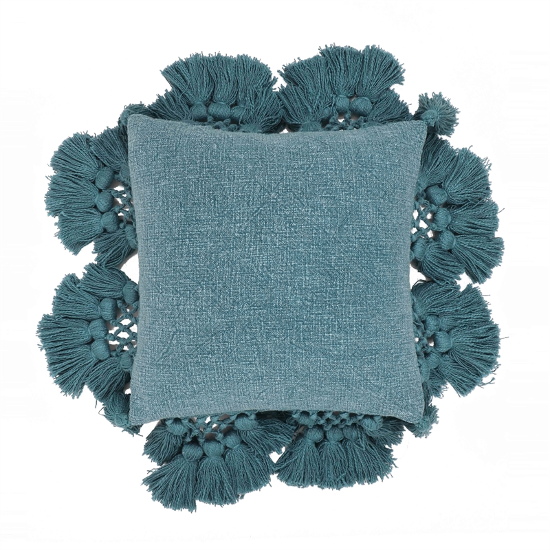 Pemberly Row Transitional Stone Washed Denim Blue Cotton Tasseled Pillow