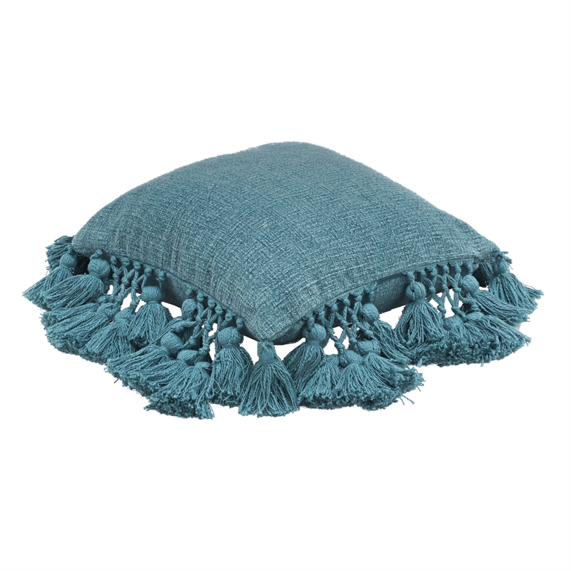 Pemberly Row Transitional Stone Washed Denim Blue Cotton Tasseled Pillow