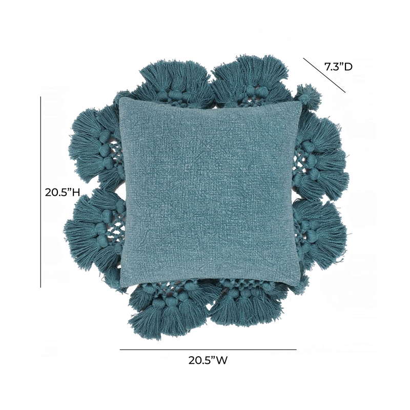 Pemberly Row Transitional Stone Washed Denim Blue Cotton Tasseled Pillow