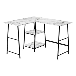 Pemberly Row Corner Computer Desk 48&quotL L-Shape Metal White Marble Look