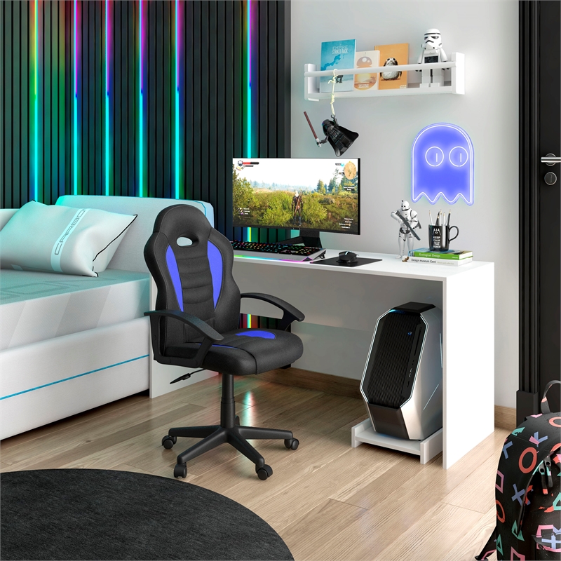 Pemberly Row Faux Leather Kids Gaming and Student Racer Chair in Blue/Black