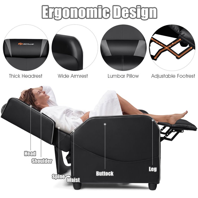 Pemberly Row Contemporary Faux Leather Massage Gaming Recliner Chair in Gray