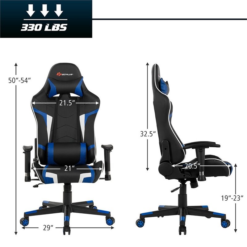 Pemberly Row Faux Leather Blue Swivel Massage Gaming Chair with Lumbar Support