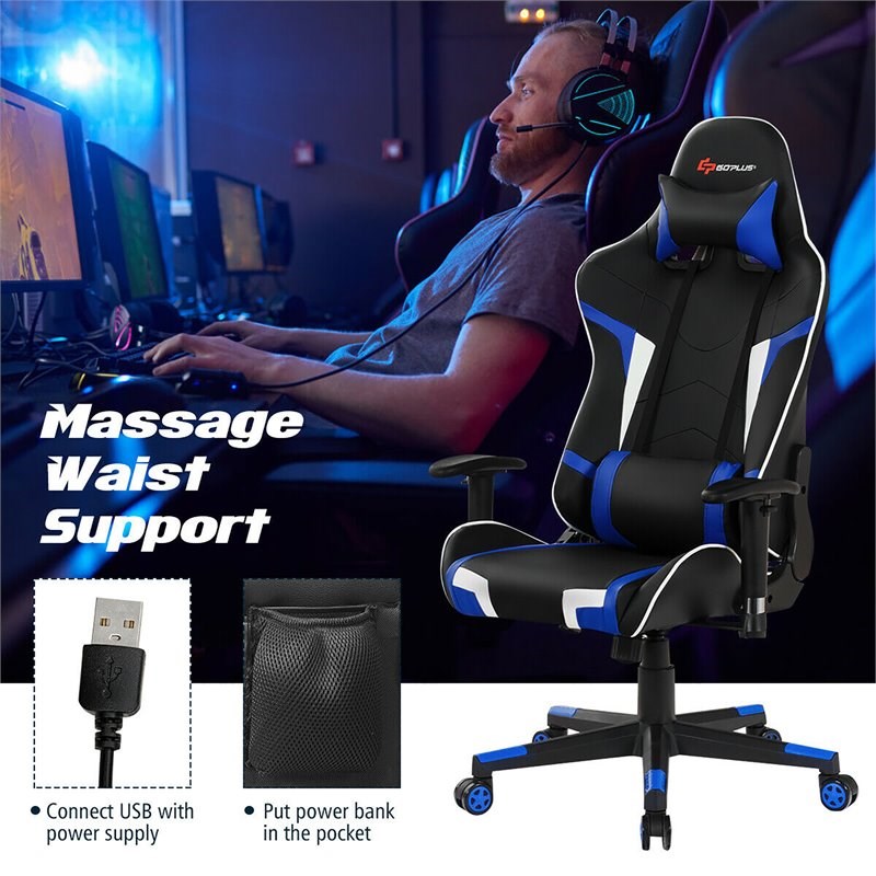Pemberly Row Faux Leather Blue Swivel Massage Gaming Chair with Lumbar Support